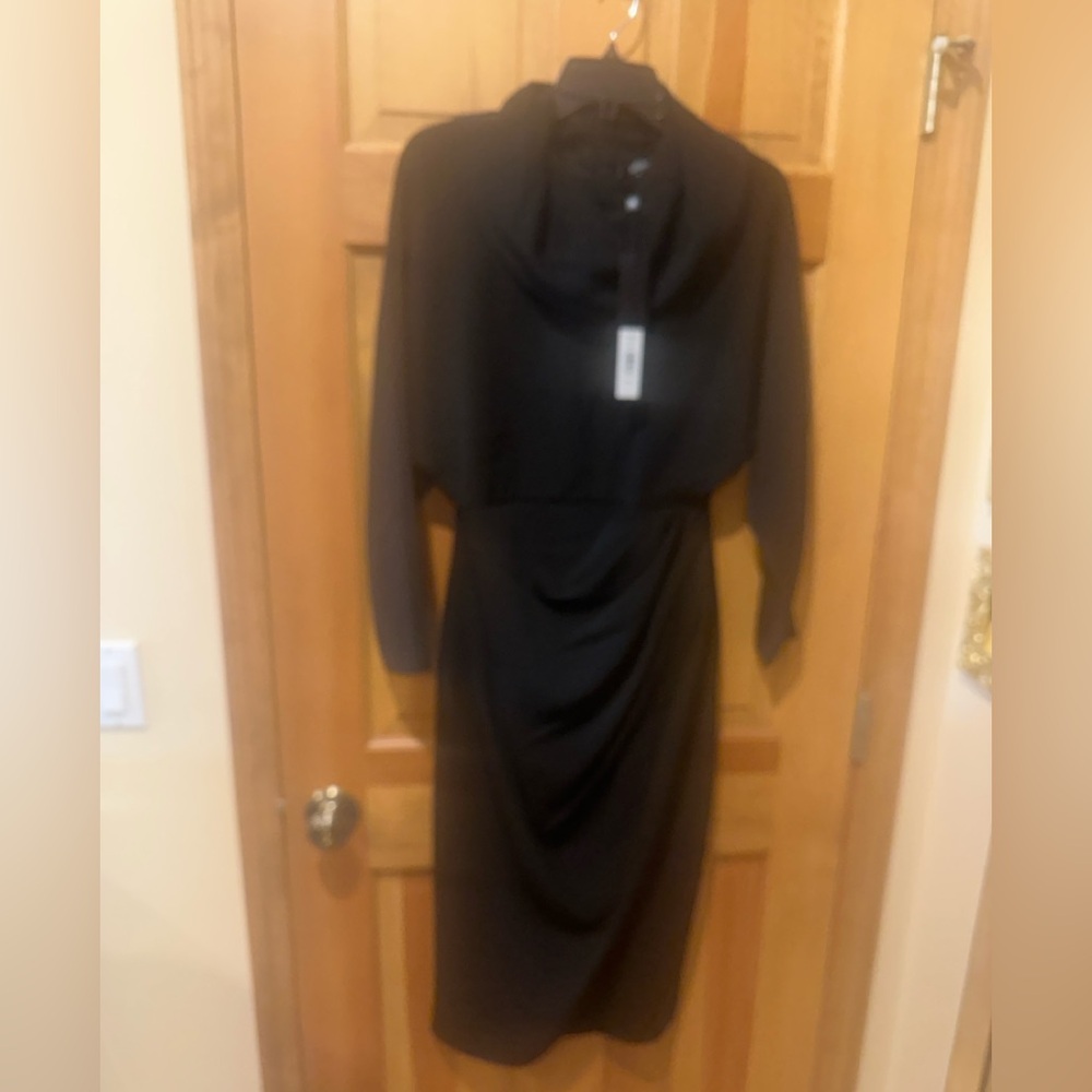 Badgley Mischka Black Draped Cowl Neck Midi Dress Size 4 Elegant Cocktail - Picture 3 of 7